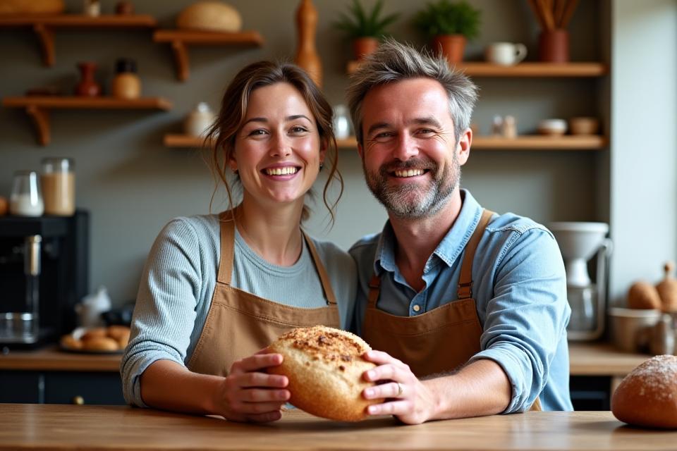 Founders behind the counter of Penny & Thyme Bakehouse, smiling
