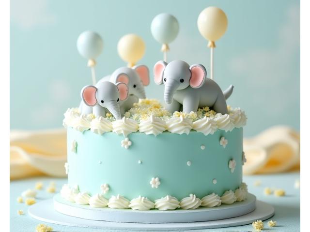 Cute pastel coloured baby shower cake with sugar elephant decorations.