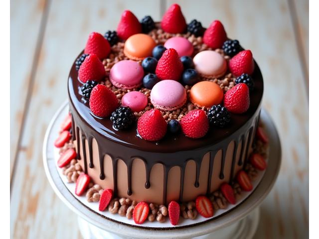 Delicious chocolate drip birthday cake decorated with fresh berries and macarons.
