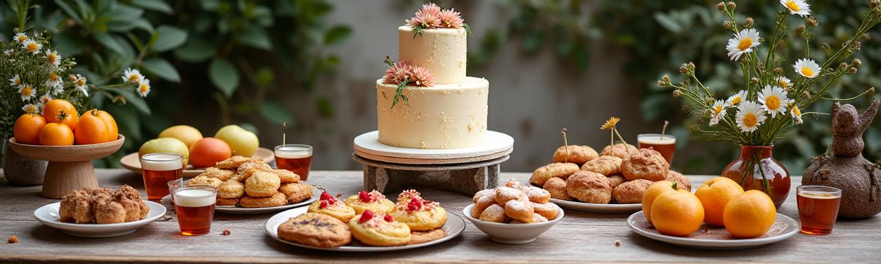 Elegant catered event spread with pastries, fruits, and tiered cake, beautifully arranged.