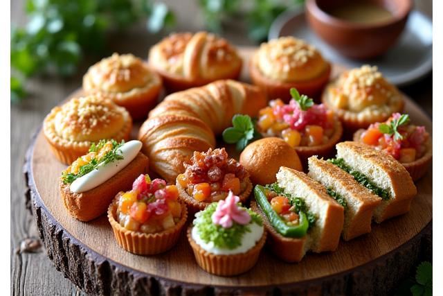 Assortment of freshly baked pastries and gourmet sandwiches on a wooden platter for catering.
