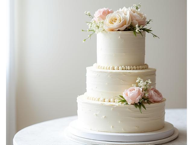 Elegant multi-tiered white wedding cake with delicate fresh floral decorations.