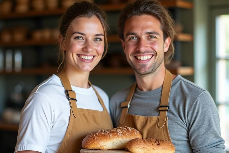 Friendly bakers working in a warm, rustic-style bakehouse