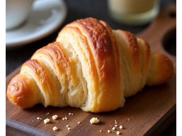 Flaky butter croissant on a wooden board