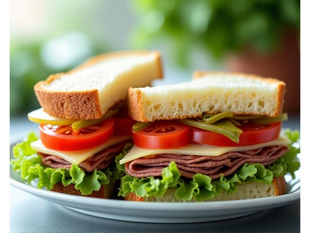 A freshly made sandwich with crisp vegetables and meat
