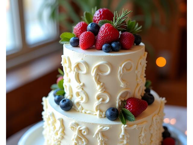 Custom decorated celebration cake with intricate frosting and fresh berries, ready for a special event.